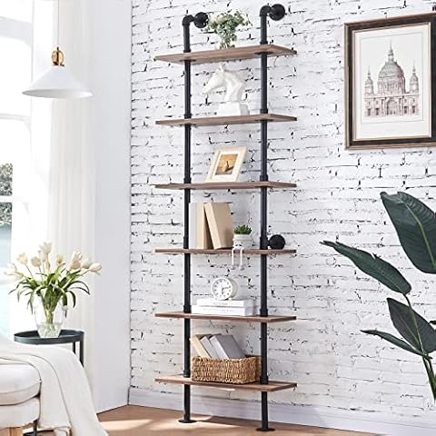 HOMBAZAAR Industrial Bookshelf, 6-Tier Industrial Pipe Bookshelf, Wall Mounted Ladder Shelves with Metal Frame for Home Office, Living Room, Oak Brown Cover