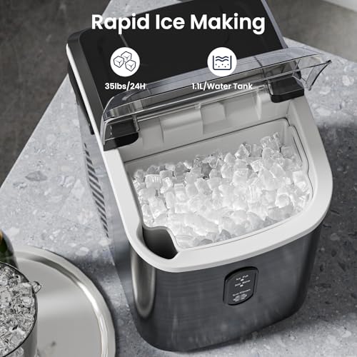 Image of Antarctic Star Nugget Ice Makers Countertop with Self-Cleaning, 35lbs /24H, Portable Sonic Ice Maker Machine with Handle /Basket /Scoop for Home, Kitchen, Office, Camping(Stainless Steel Black)