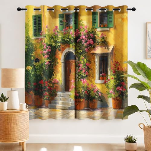 Rideaux occultants thermiques fenêtre salon chambre campagne jaune fleurs 140x240 cm