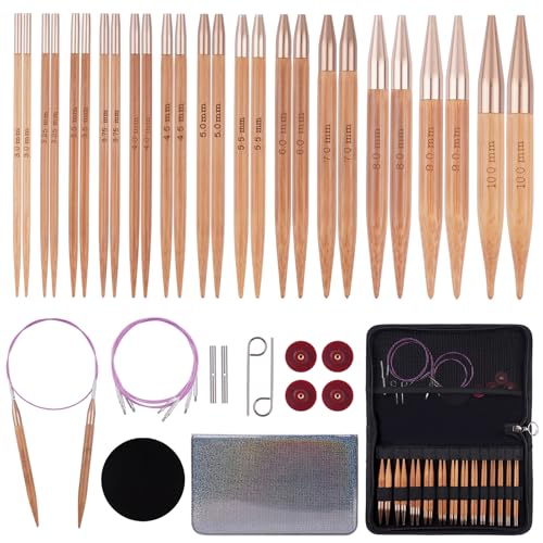Weabetfu Knitting Needles Set with Bamboo Circular Knitting Needle 13 Pair Interchangeable Knitting Needles and Cables Accessories and Case Perfect for Beginner DIY Crafts