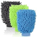 3 Pack Chenille Microfiber Car Wash Mitt, 7" x 9.6" Car Washing Mitts, Home Dusting Gloves, Scratch Free Lint-Free, Highly Absorbent, Double Sided, for Cleaning Detailing Polish (Blue,Green,Grey)