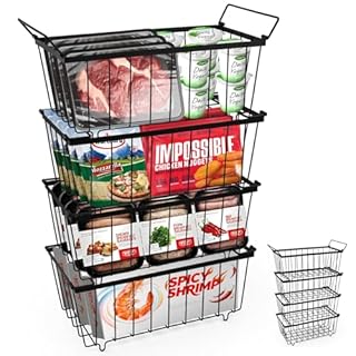 4-Pack Stackable Chest Freezer Baskets Organiser for 198L Fridges (37cm L x 18cm W x 15cm H)-Chest Freezer Basket with Folding Handle -Storage Bins for Kitchen, Freezer, Pantry, Cabinet, and Closet