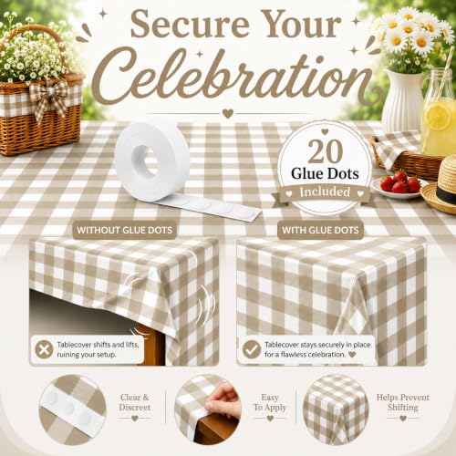 Image of Blue Orchards Brown Gingham Table Cover (Pack of 3 with 20 Glue dots) - 54 inchx108 inch XL - Brown and White Buffalo Checkered Picnic Plastic Tablecloth, Camping Decoration, Outdoor Birthday Party Supplies