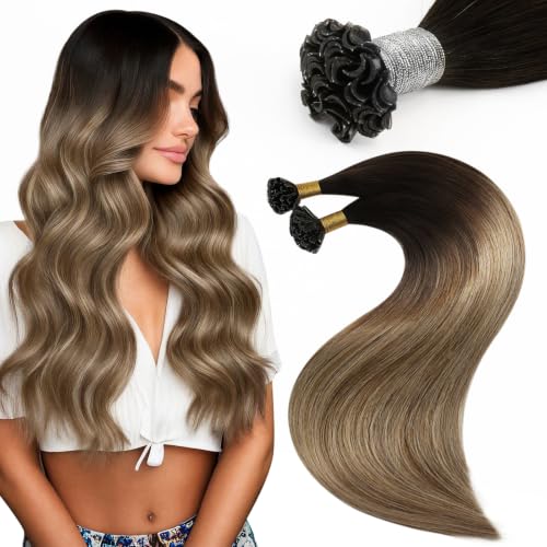 Moresoo U Tip Human Hair Extensions, Brown Golden Beige Balayage, 22 Inch