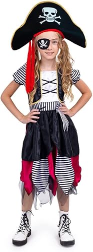 Dress Up America Disfraz de pirata para niños, disfraz de pirata bucanero para niñas, vestido, sombrero y parche en los ojos