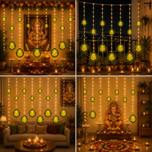 Image of fizzytech Leaf Ganesh Curtain LED String Lights with 8 Lighting Modes for Pooja Room, Diwali, Festival & Home Decoration