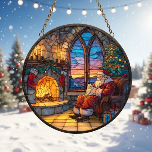 Mosaic Christmas Warm Cozy Sunset Fireplace Santa Acrylic Suncatcher Stained