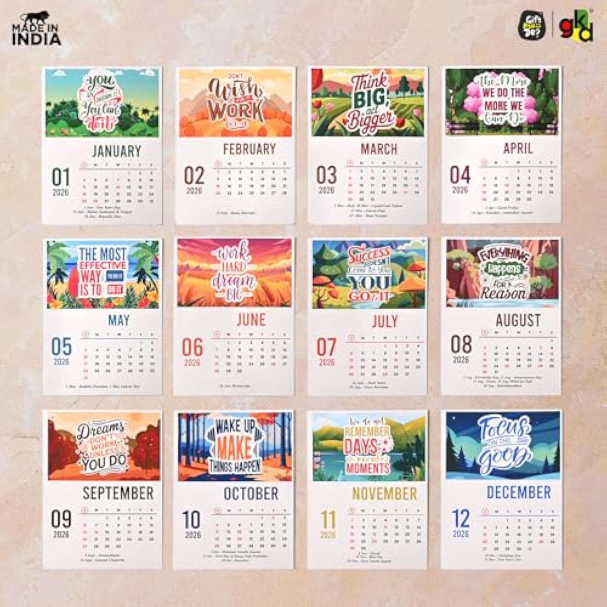 GKD Desk Calendar 2026 with Wooden Stand, Motivational Quotes Theme