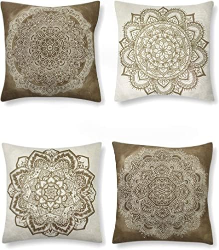 SUMGAR Boho Cushion Covers Coffee Brown Mandala Cushions Beige Pillow Case Decorative Pillowcases Indian Home Decor for Bedroom Living Room Sofa Bed Car Sear Floor with Invisible Zipper 18x18 Set of 4