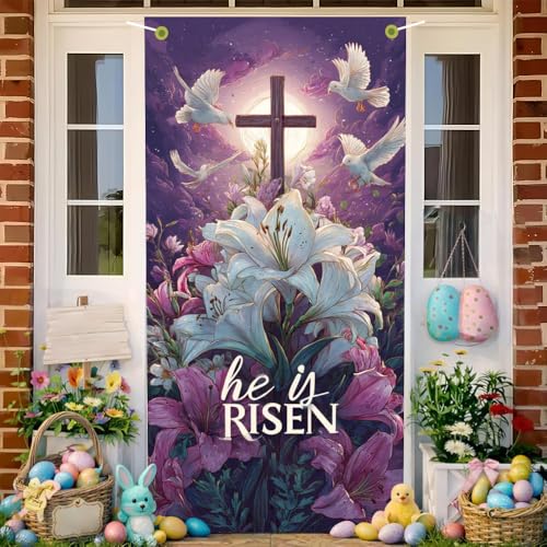 Image of Religious Easter Door Cover He is Risen Cross Door Banner Scripture Easter Door Covers for Front Door Christian Easter Decorations 35x71 Inch
