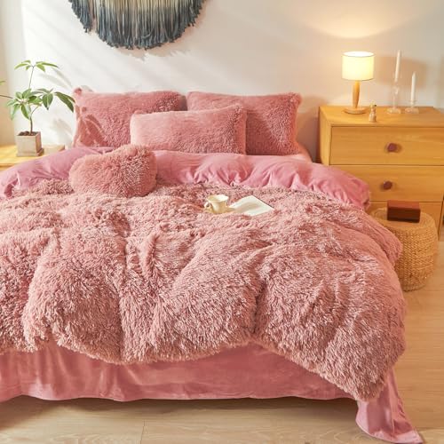 Shaggy Fluffy Old Pink Comforter Cover Queen Set – Faux Fur Shaggy Old Pink Bedding 3-Piece Set (1 Duvet Cover + 2 Furry Pillow Shams) Cozy Bed Set