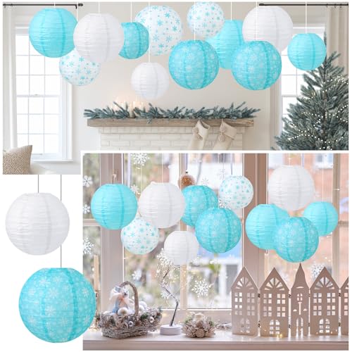 Image of Panelee 12 Pcs Winter Party Decorations Paper Lanterns 8 Inch Blue White Round Hanging Paper Lanterns for Winter Office Classroom Decorations Indoor Outdoor