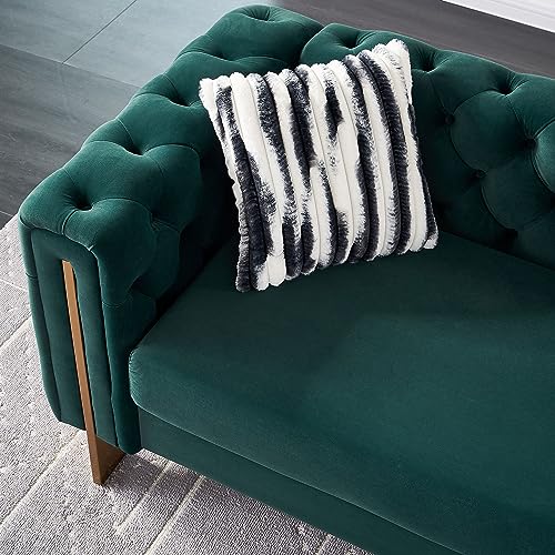 Image of KEIKI 84 inch Chesterfield Velvet Tufted Button Sofa with Removable Cushions and 2 Toss Pillows, Modern 3-Seater Couch with 4 Gold Metal Legs, Easy Assembly, for Living Room, Bedroom, Apartment, Green