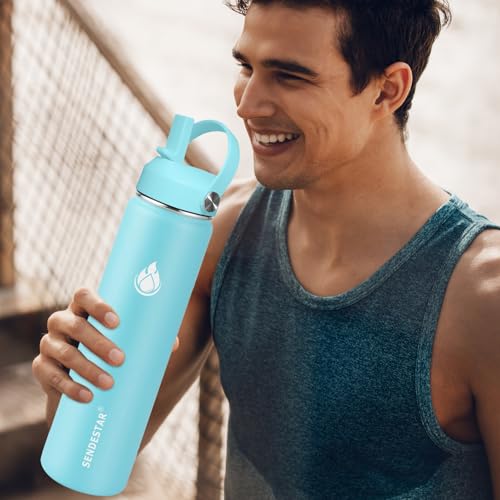 Image of SENDESTAR Stainless Steel Wide Mouth Water Bottle 32oz Double Wall Vacuum Insulated Leak Proof Bottle with New Flex Straw Lid & Spout Lid