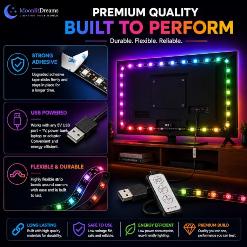 Image of MoonlitDreams RGB LED Strip Light for TV Backlight, USB Powered Flexible Color Changing Light with Mini Controller, Multicolor Mood Lighting for Gaming Desk, PC Monitor, Bedroom & Home Decor, 2 Meter