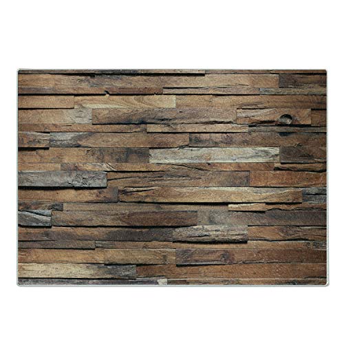 Lunarable Wooden Cutting Board Old Ruined Rustic Planks in Horizontal Order Construction Country House Picture Decorative Tempered Glass Cutting and Serving Board Large Size Cinnamon Umber