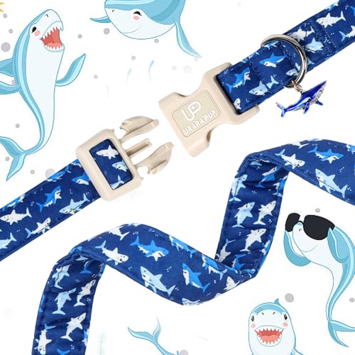 Image of Summer Dog Collar,Adjustable Cotton Shark Dog Collar with Shark Print, Cute Shark Charm Pendant and Quick Release Buckle, Soft Pet Collar for Small Medium Dogs Boys