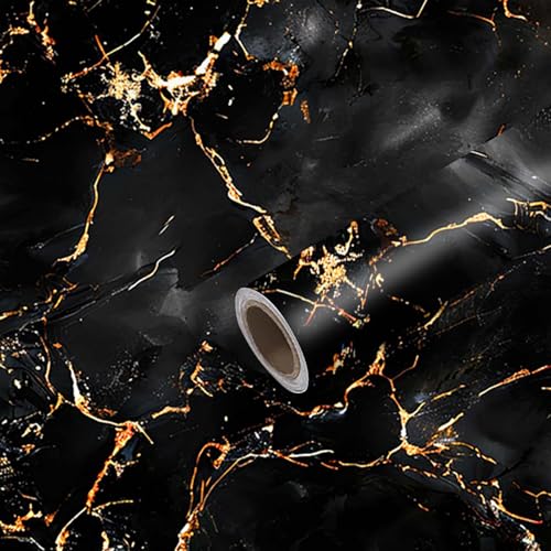 Image of Nuxovilar Black Gold Marble Wallpaper Peel Stick Vinyl 15.75x39.37 | Stone Wrap, Liners, adhesive wallpaper, countertop contact paper, for bedroom, counter, table (Black Gold)