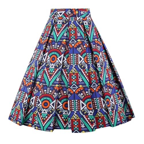OBBUE Dresstore Vintage Pleated Skirt Floral A-line Printed Midi Skirts with Pockets African Print 3XL3