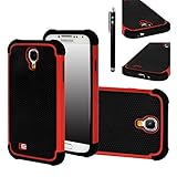 E LV Hybrid Dual Layer Armor Defender Protective Case Cover (Hard Plastic with Soft Silicon) for Samsung Galaxy S4 S IV i9500 with 1 Screen Protector, 1 Black Stylus and E LV Microfiber Sticker Digital Cleaner (Samsung Galaxy S4, Red)