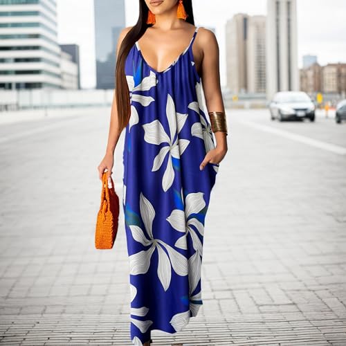 Image of Women's Casual Summer Maxi Dresses Sleeveless Adjustable Spaghetti Strap Loose Plus Size Dresses