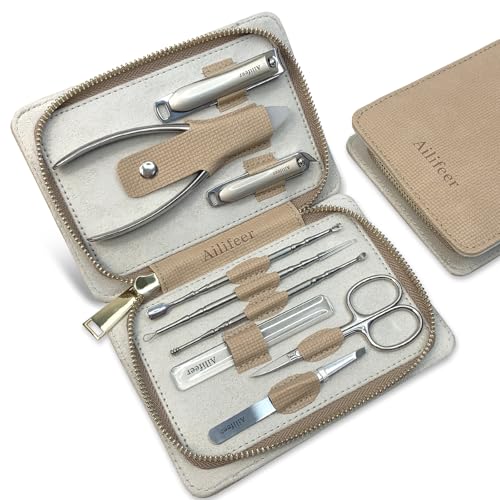 Manicure Set, 9-in-1 Stainless Steel Professional large nail clippers and Nail Cutters Kit, Includes Nail File, Cuticle Trimmer, with Portable Travel Case kit,Gifts For Women Men