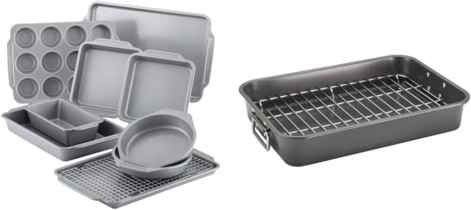 Farberware Nonstick Steel Bakeware Set, 10-Piece Set, Gray & Bakeware Nonstick Steel Roaster with Flat Rack, 11-Inch x 15-Inch, Gray