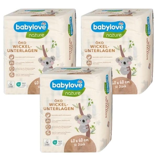 Wickelunterlagen für Babys, Hygienische Einlagen, Recyclingmaterial, Chlorfrei, Parfümfrei, Latexfrei 30 stück 60x60 cm von babylove (Nature Wickelunterlagen)