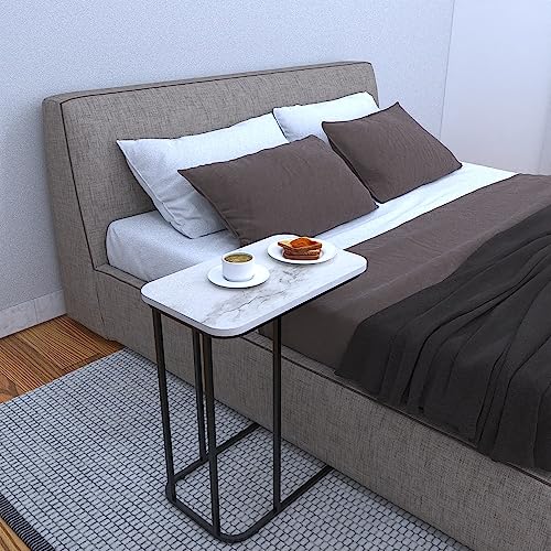 Image of DECOWORLD|| Premium Side Table || Metal Side Table with Wooden Top || End Table for Living Room, Sofa C Type Table or Bed Side Stand (White Marble Top Finish on Engineered Wood with Black Stand)