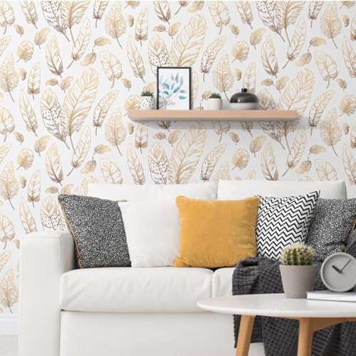 Image of Veki Luxury Floral & Botanical Geometric Wallpaper Mural - Waterproof, Moisture-Proof, Self-Adhesive PVC Wall Sticker for Home & Hotel Decoration (45cm x 300cm) (White Feather)
