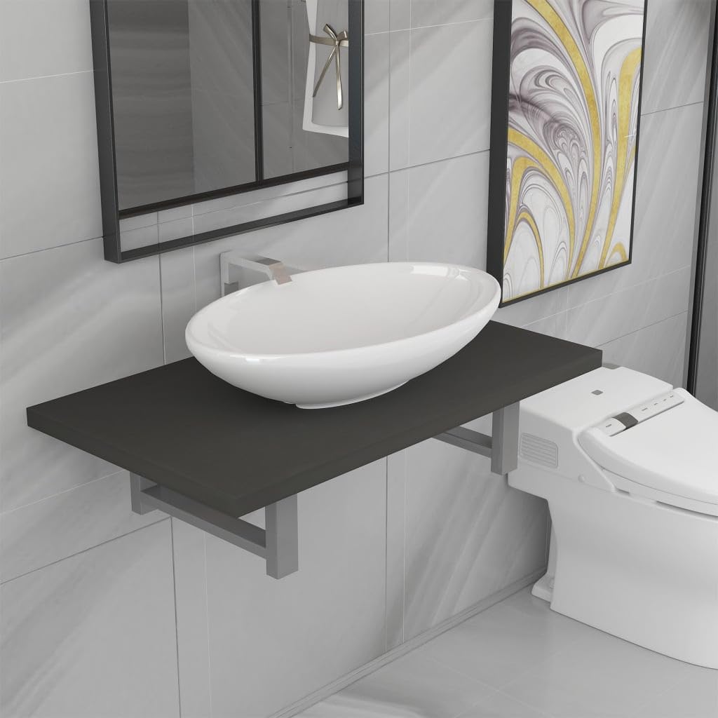 2-TLG. Juego de muebles de baño gris con lavabo de cerámica, estante de pared de madera y marco de metal, 60 x 40 x 16,3 cm, lavabo ovalado, ahorro de espacio para baño, lavabo, inodoro