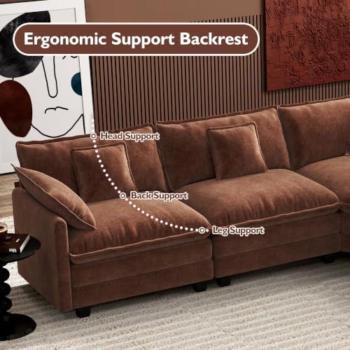 Image of Ihanherry 114 inch V-Shaped Modern Sofa Modular Sectional Luxurious and Comfortable with Corner Section, 5-Seat Chenille Deep Seat Sofa with 5 Pillows for Living Room, Bedroom and Apartment, Brick Red