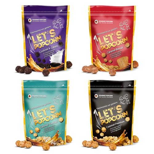 Let’s Popcorn Starter-Paket - 4er Set - je 1x Caramel Biscuit + Cookies & Cream mit echtem Keks, Caramel SeaSalt mit Meersalz-Note, Caramel Premium mit doppelt Karamell (2x 100g, 2x 80g)