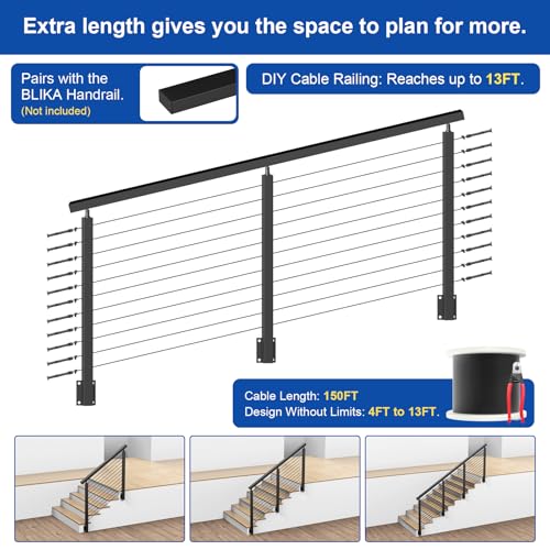 Image of BLIKA 4FT-12FT Complete Set 36 inch Side Mount Stair Railing Post Kits, Fascia Mount Stair Posts, Black Swageless Cable Railing System Include 2 Right Stair Posts, 150FT 1 /8 inch Stainless Cable(No Handrail)