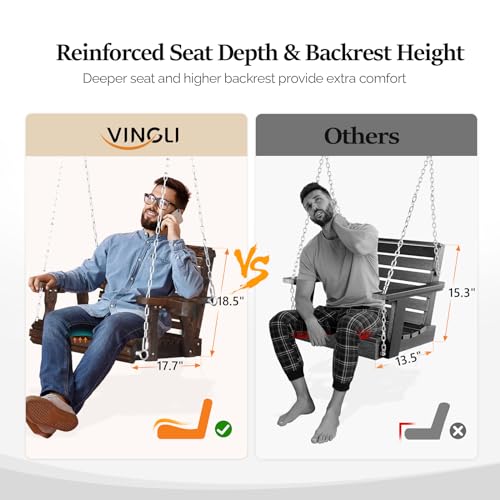 Image of VINGLI Heavy Duty 440 LBS 1-Person Wooden Patio Porch Swing with Extra Cup Holder for Adults, Outdoor Single Porch Swing for Porch, Yard, Balcony, Tree (Rustic)