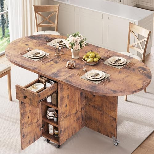 Jocoevol Round Folding Dining Table for 4 Space Saving Drop Leaf Kitchen Table with Storage Drawer 6 Wheels Oval Gateleg Foldable Dining Table for Small Spaces(Vintage 47 * 23.6 * 30)