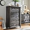 T4TREAM Farmhouse 6 Drawers Dresser Chests for Bedroom w4 Solid Wood Feet Column Decor Tall Wood Country Rustic Chest of Drawers Storage Dressers for Bedroom Living Room Dark Rustic Oak