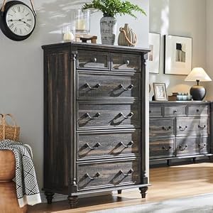 T4TREAM Farmhouse 6 Drawers Dresser Chests for Bedroom w/4 Solid Wood Feet & Column Decor, Tall Wood Country Rustic Chest of Drawers, Storage Dressers for Bedroom, Living Room, Dark Rustic Oak T4TREAM Farmhouse 6 Drawers Dresser Chests for Bedroom w4 Solid Wood Feet Column Decor Tall Wood Country Rustic Chest of Drawers Storage Dressers for Bedroom Living Room Dark Rustic Oak