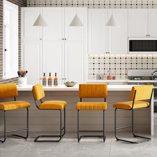 Image of ONEVOG 24 Inch Counter Height Bar Stools Set of 4, Upholstered Mid-Century Modern Cantilever Chairs for Kitchen Island, Armless Velvet Fabric Barstools with Backs and Metal Legs, Orange