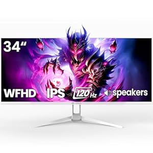 CRUA 34” White Ultrawide Gaming Monitor 120HZ, 21:9 UWFHD 2560X1080 IPS Panel Computer Monitors with Built-in Speakers, Support AMD FreeSync, 120%sRGB, DP1.4 & HDMI1.4, Wall Mountable/Tilt Adjustable