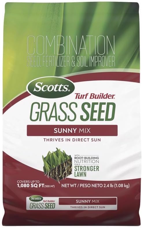 Scotts Turf Builder Grass Seed Sunny Mix with Fertilizer and Soil Improver, Thrives in Direct Sun, 2.4 lbs.