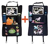 HECKBO 2x Kinder Autositz Rückenlehnenschutz Organizer mit verstellbarer Tablet Tasche, Aufbewahrung für Zubehör –Monster+Einhorn Motiv- universal - 70x45cm – inkl. Getränkehalter + Aufbewahrungsnetz