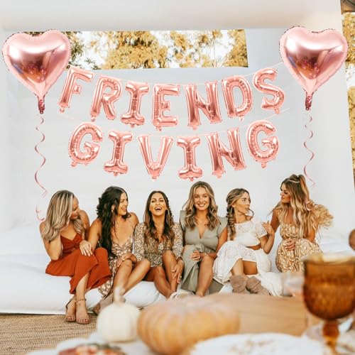 Image of Friendsgiving Balloons Friends Giving Party Decorations 16 Inches Tall Rose Gold Heart Friendsgiving Foil Mylar Balloon Letter Banner for Fall Theme Thanksgiving Friends Party Backdrop Supplies