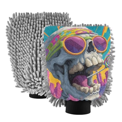 ALAZA Skull Lollipop Pop Art Car Wash Mitt Scratch Free, 2 Pack Absorbent Microfiber/Chenille Washing & Drying Mitts, M