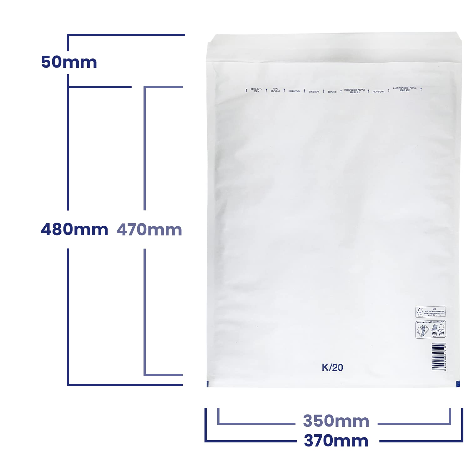 Netuno 50x sobres acolchados con burbujas de aire blancos DIN 20/K 370x480mm sobres de burbuja de aire autosellados reciclables resistentes al desgarro bolsa embalaje envíos postales tránsito ropas