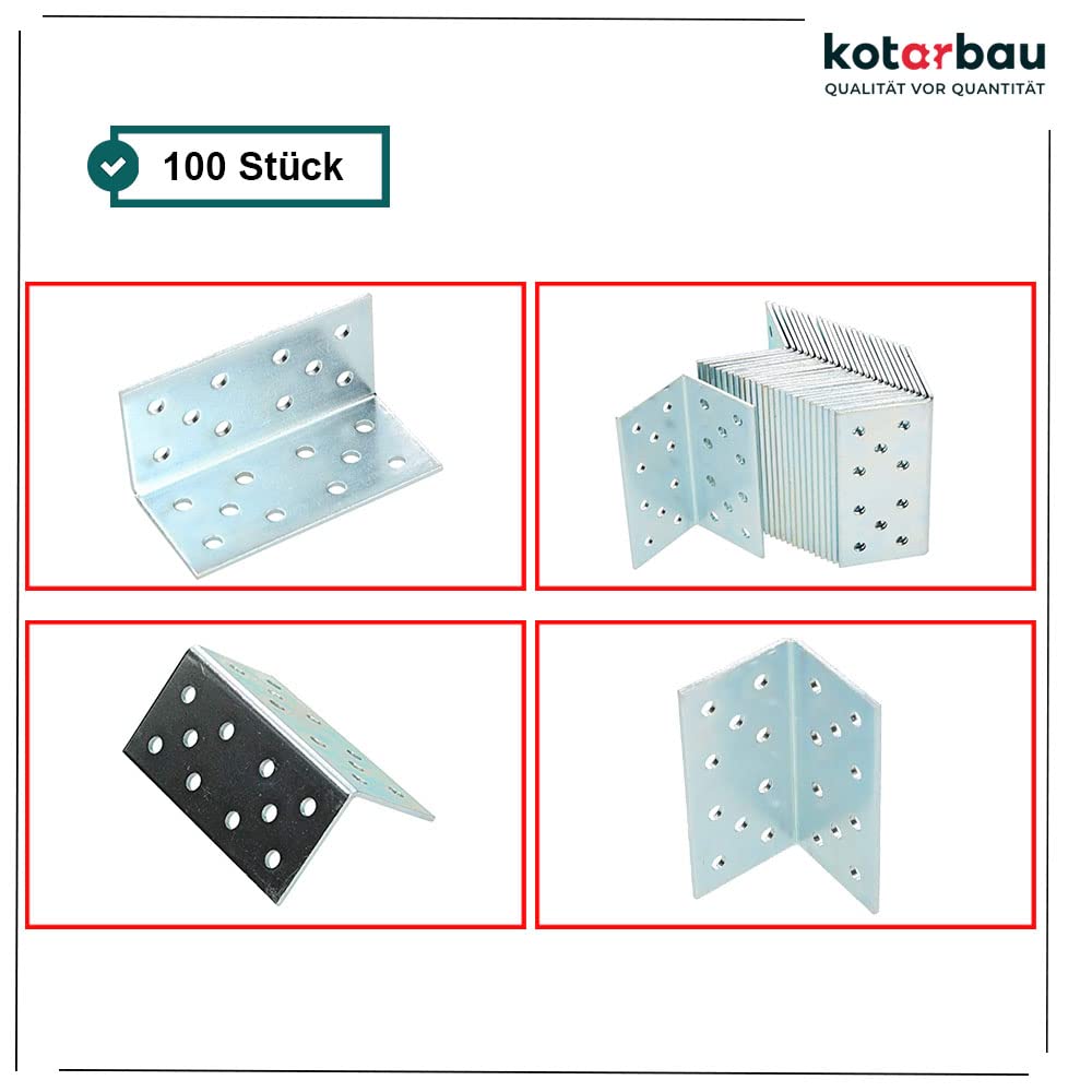 KOTARBAU® 100 soportes de esquina en forma de L, 40x80x40 mm, Acero galvanizado, Conector de ángulo recto de unión de 90 grados, con agujeros de montaje, escuadras metálicas para muebles, 100 unidades