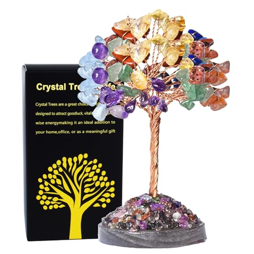 Seven Chakra Crystal Tree of Life,4 Inch Natural Healing Stones,Reiki Energy Money Tree, Handmade with Copper Wire,Feng Shui Spiritual Desk Decor for Office, Home, Meditation Gifts for Women