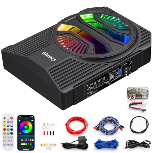 Ehaho 10" 1000W Slim Underseat Car Powered Subwoofer with Amplifier & RGB Lights – APP/Remote Control