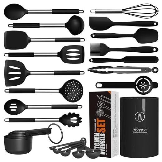 Large Silicone Cooking Utensils Set - Heat Resistant Kitchen Utensils Sets,Spatula,Spoon,Turner Tongs,Brush,Whisk,Stainless Steel Silicone Cooking Utensil for Nonstick Cookware Dishwasher Safe (Black)