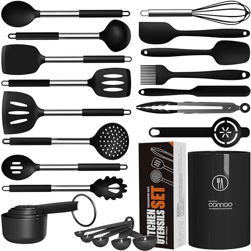 oannao Large Silicone Cooking Utensils Set - Heat Resistant Kitchen Utensils Sets,Spatula,Spoon,Turner Tongs,Whisk,Stainless Steel Cooking Utensil for Nonstick Cookware Dishwasher Safe (Black) by oannao - Used condition - US$23.96